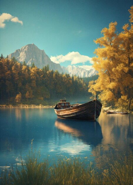 Foto antiguo barco de pesca en un lago azul en el bosque