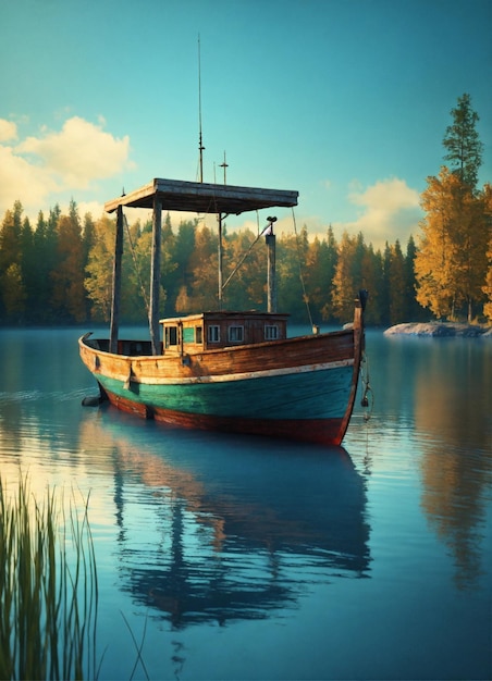 Foto antiguo barco de pesca en un lago azul en el bosque