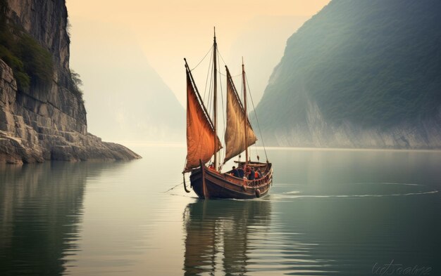 Antiguo barco vikingo en el mar