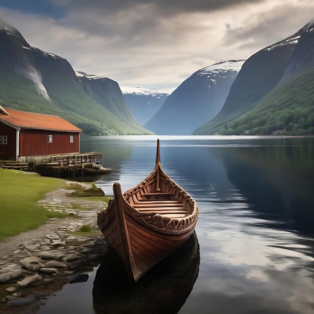 Foto antiguo barco vikingo en sognefjord generado por la ia