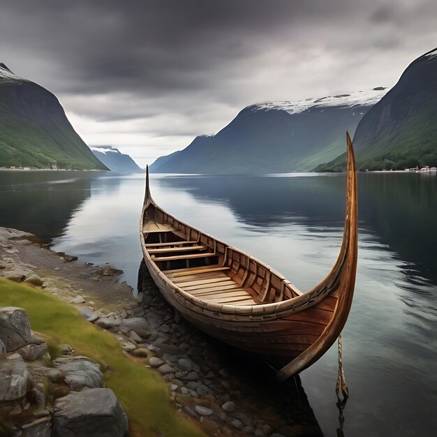 Antiguo barco vikingo en Sognefjord generado por la IA