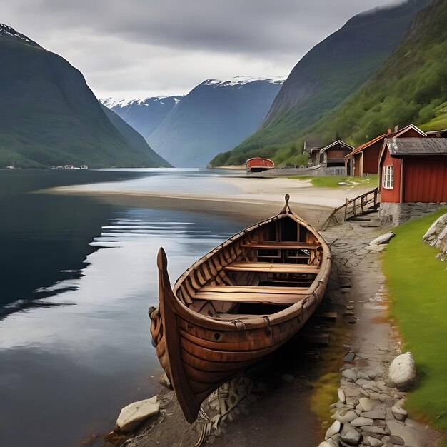 Antiguo barco vikingo en Sognefjord generado por la IA