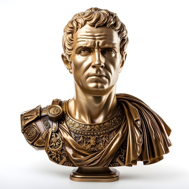 Antiguo busto de cabeza de oro de Julio César objeto de piedra aislado en fondo blanco.