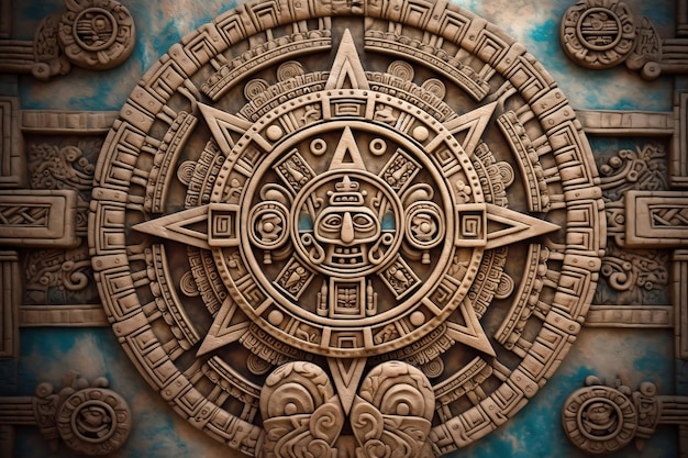 Antiguo calendario maya azteca intrincado patrón redondo en superficie de piedra AI