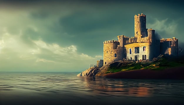 Un antiguo castillo clásico junto al mar. Un palacio real de pie junto a la playa del océano.