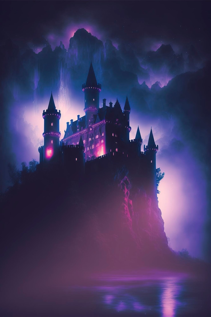 Antiguo castillo de niebla en la noche