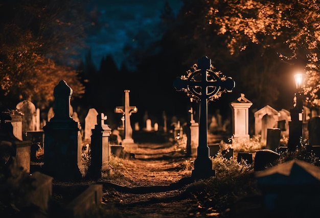 Foto un antiguo cementerio por la noche con un camino y una lámpara iluminada