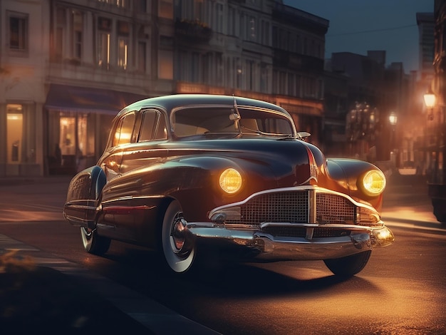 Antiguo coche de época conduciendo por la ciudad al anochecer con faros iluminados