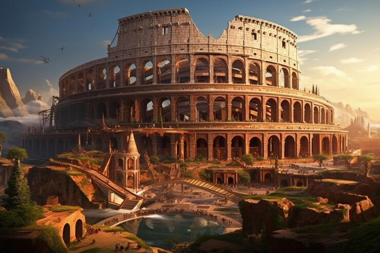 Antiguo Coliseo Romano reinventado en el futuro IA generativa