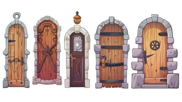 Foto un antiguo conjunto de puertas de madera medieval aisladas sobre un fondo blanco ilustración moderna de dibujos animados de elementos de diseño de edificios abandonados