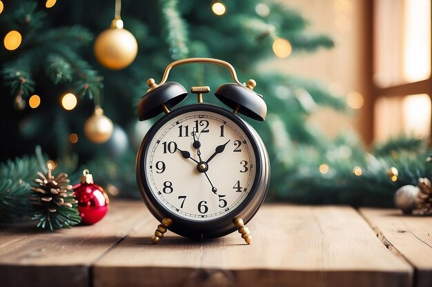 Antiguo despertador vintage negro en una mesa de madera sobre un fondo borroso del árbol de Navidad Tema de Año Nuevo