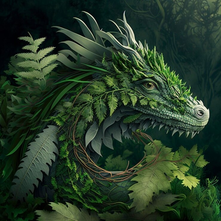Antiguo dragón forestal cubierto de plantas verdes