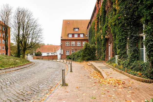 Antiguo edificio cubierto en la calle de Lübeck, Alemania