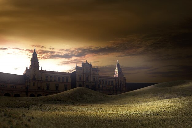 Antiguo edificio con fondo de vista del atardecer