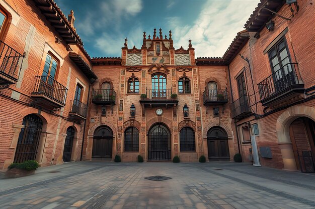 Antiguo edificio de ladrillo en la plaza con altos aleros