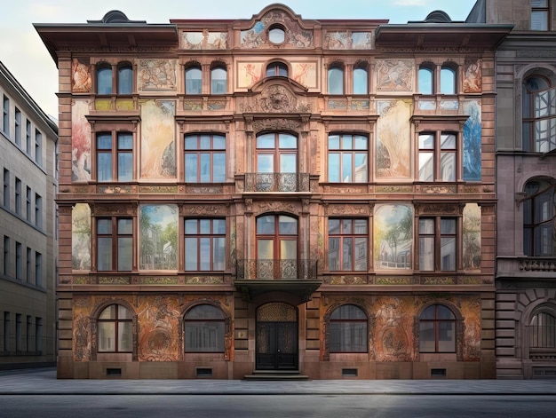 un antiguo edificio con ventanas de colores en una ciudad en el estilo de la escuela de Heidelberg