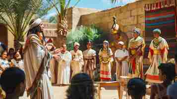 Foto un antiguo egipcio está de pie ante un grupo de personas haciendo gestos mientras habla