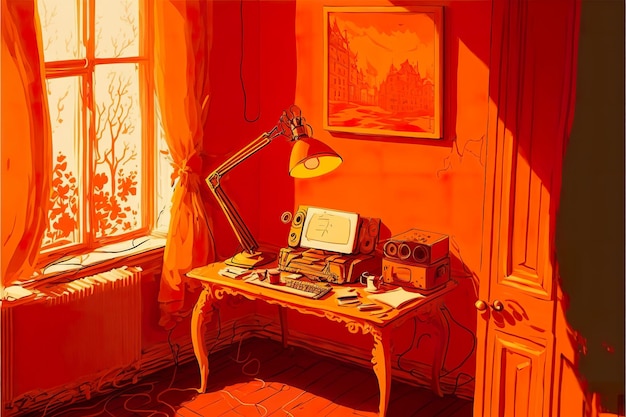 Antiguo espacio de trabajo vintage en pintura roomdigital naranja