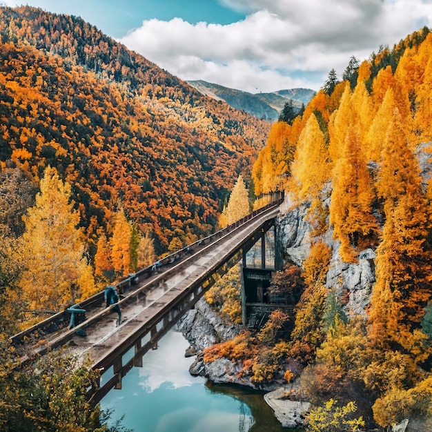 Antiguo ferrocarril en el puente sobre el río de montaña en otoño