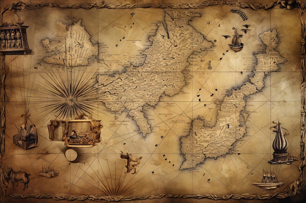 Antiguo fondo del mapa del tesoro de viajes náuticos