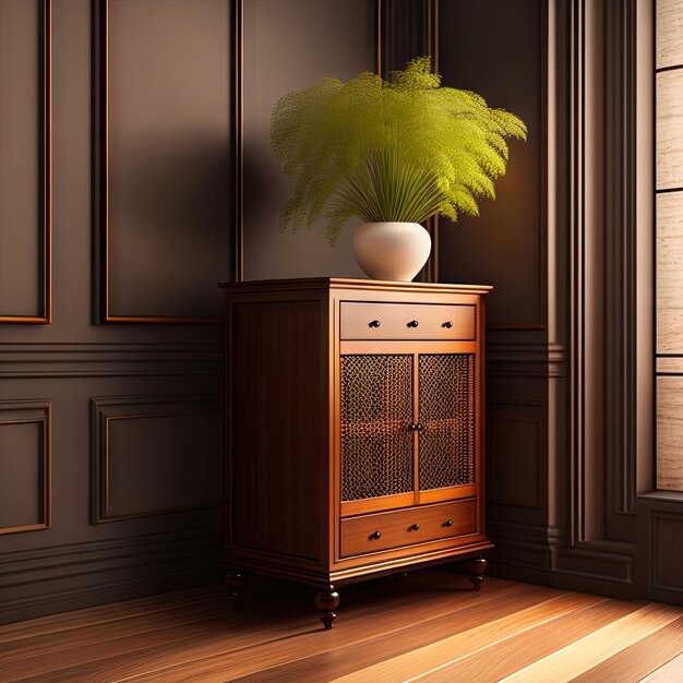 Antiguo gabinete de madera vintage con puerta de ratán, jarrón con patas de acero negro a la sombra del sol sobre limpio