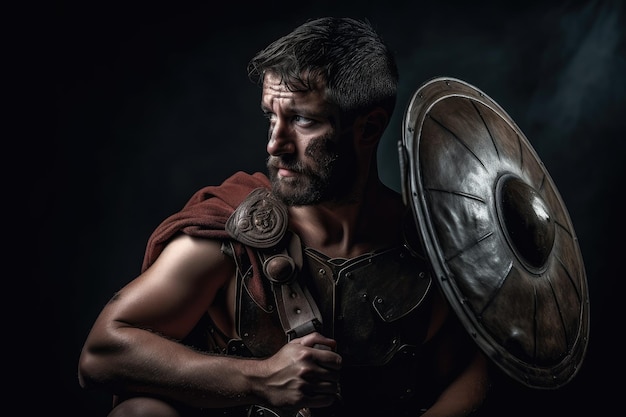 Antiguo gladiador romano preparándose para la batalla con espada y escudo en la mano