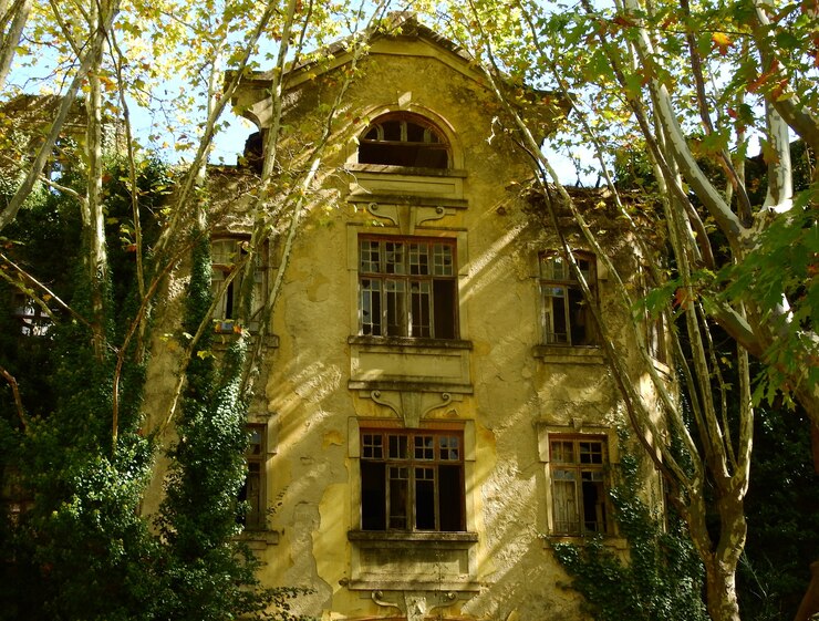 Foto antiguo gran hotel de vidago em estado de deterioro por el paso del tiemp