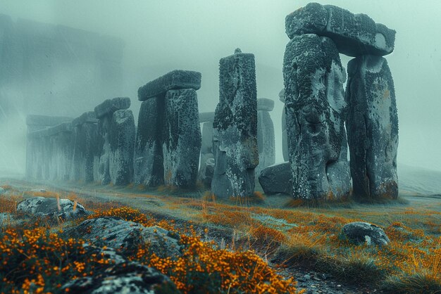 El antiguo henge pagano de pie misteriosamente en un campo las piedras prehistóricas se difuminan en el paisaje