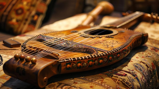 Foto un antiguo instrumento musical de cuerdas con un hermoso cuerpo de madera tallada sobre una lujosa alfombra oriental con patrones