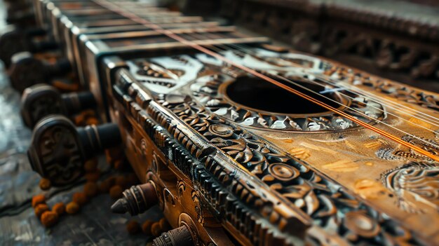 Foto un antiguo instrumento musical de cuerdas con intrincadas tallas en el cuerpo el instrumento está hecho de madera y tiene un hermoso diseño