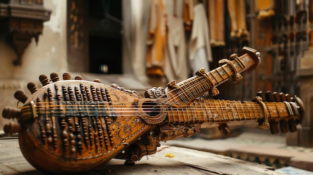 Un antiguo instrumento musical de cuerdas con intrincadas tallas y diseños que descansa sobre una superficie de madera en una habitación débilmente iluminada