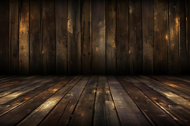 Antiguo interior de madera con fondo grunge pared y piso de madera