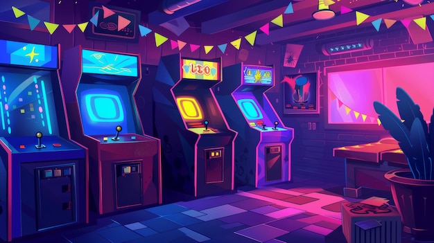 Antiguo interior de sala de entretenimiento de videojuegos electrónicos con máquina de arcade retro y pancartas Ilustración moderna de dibujos animados de la consola vintage de los años 80 con controlador de joystick