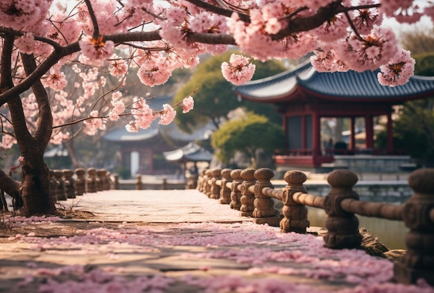 antiguo jardín de pagoda con vistas a los cerezos en flor