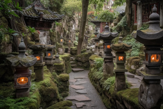 Antiguo jardín de rocas con caminos de piedra y faroles creados con IA generativa