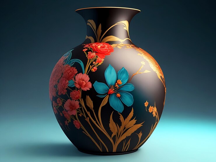 Antiguo jarrón de cerámica vintage con estampado floral ai generativo.