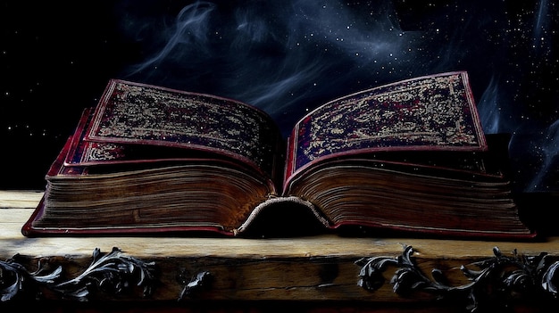 Un antiguo libro abierto descansa sobre una rústica mesa de madera iluminada por una luz suave y rodeada de indicios de humo y misterio.