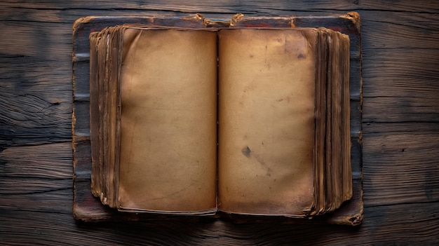 Antiguo libro abierto en una mesa de madera vista AI