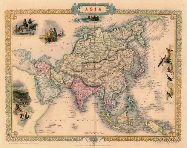 Un antiguo mapa medieval de Asia 1851 Ilustraciones en color sepia