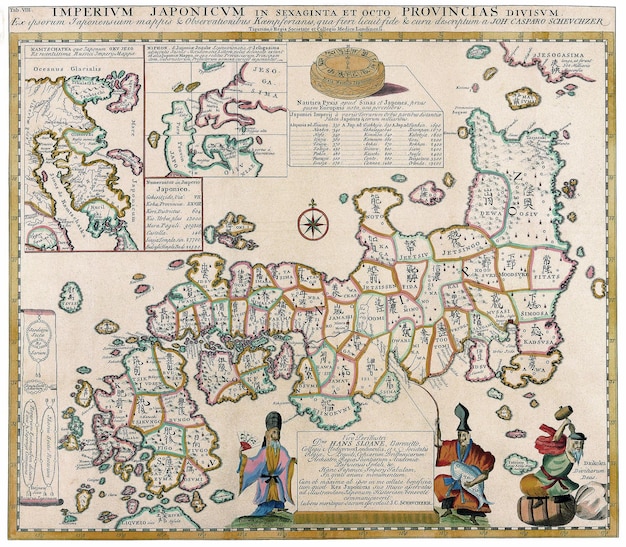 Antiguo mapa medieval de Japón en japonés con ilustraciones 1727