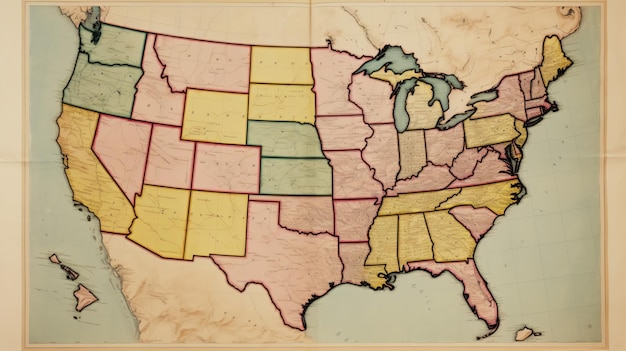 Antiguo mapa vintage en colores de los Estados Unidos de América