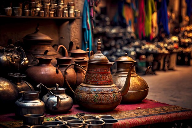 Antiguo mercado de Oriente Medio con tazas de té y café antiguas y coloridas