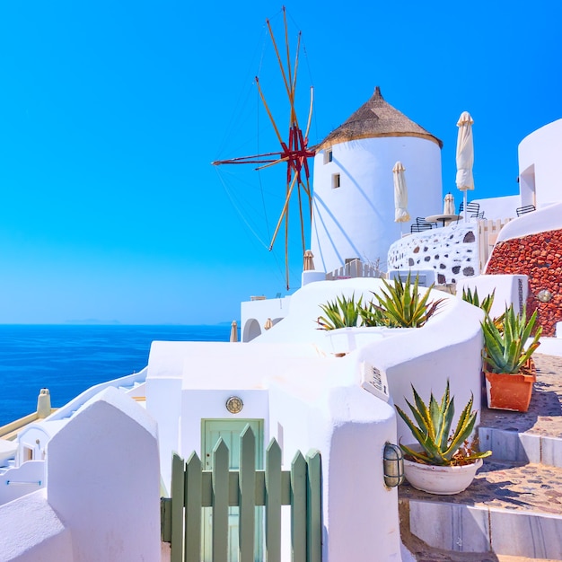 Antiguo molino de viento blanco en Oia en Santorini, Grecia