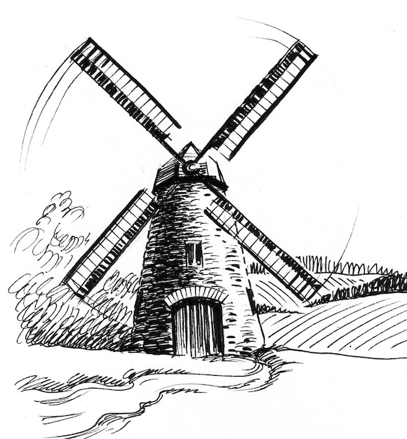 Antiguo molino de viento en el campo. Dibujo a tinta en blanco y negro