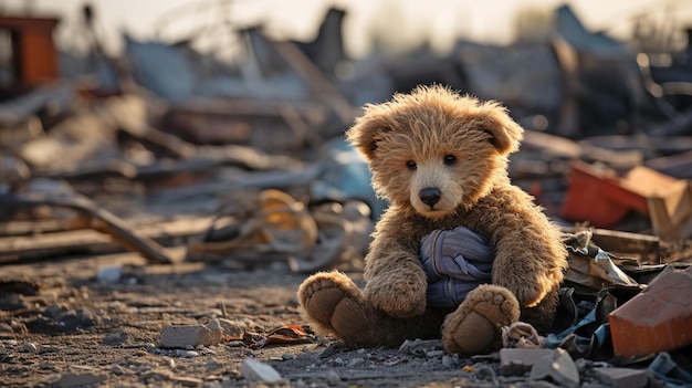 Foto un antiguo oso de peluche en medio de una casa ruina edificio destrucción después de las hostilidades una guerra un terremoto o una calamidad natural idea de la pobreza infantil