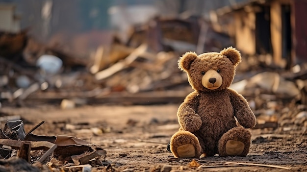 Un antiguo oso de peluche en medio de una casa ruina edificio destrucción después de las hostilidades una guerra un terremoto o una calamidad natural idea de la pobreza infantil