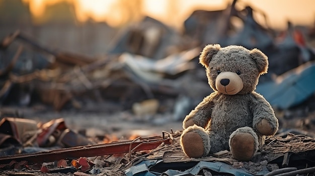 Foto un antiguo oso de peluche en medio de una casa ruina edificio destrucción después de las hostilidades una guerra un terremoto o una calamidad natural idea de la pobreza infantil