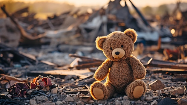 Un antiguo oso de peluche en medio de una casa ruina edificio destrucción después de las hostilidades una guerra un terremoto o una calamidad natural idea de la pobreza infantil