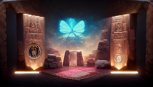 Antiguo portal mágico de Egipto con símbolo de escarabajo y luz mística dentro de la pirámide o tumba del faraón con grandes piedras y paredes rocosas ilustración 3d