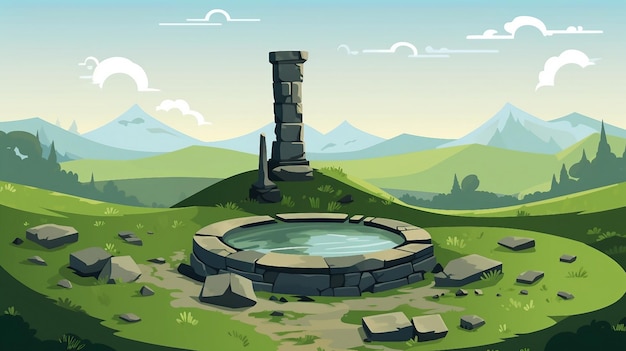 Antiguo pozo de piedra en una colina verde ilustración generada por IA